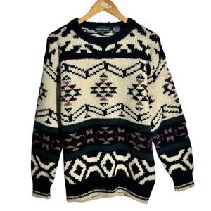 Marc Lewis Fisherman Wool Geometric Knit Sweater Men M Cream Green Cabincore